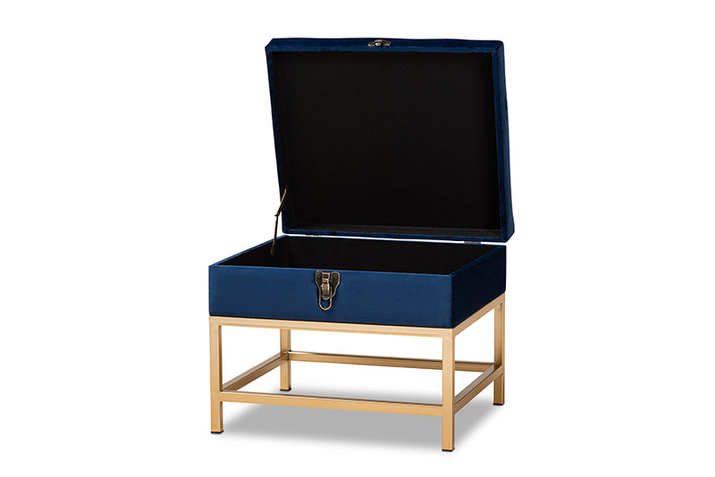 Palma Glam and Luxe Navy Blue Velvet Fabric Upholstered and Gold Finished Metal Small Storage Ottoman