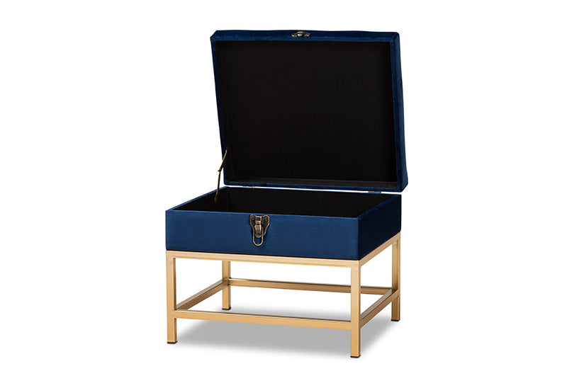 Palma Navy Blue Velvet Fabric Gold Finished Metal Small Storage Ottoman Baxton