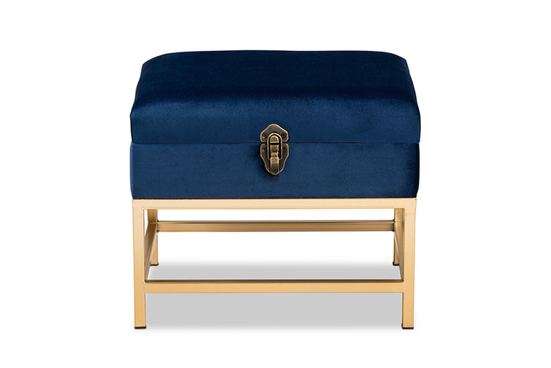 Palma Glam and Luxe Navy Blue Velvet Fabric Upholstered and Gold Finished Metal Small Storage Ottoman