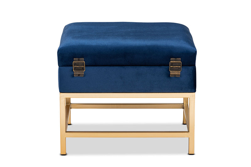 Palma Navy Blue Velvet Fabric Gold Finished Metal Small Storage Ottoman Baxton