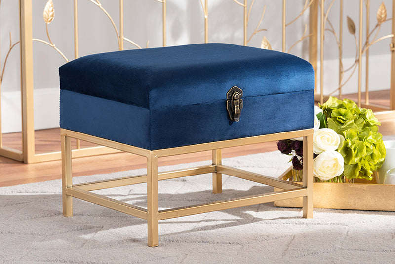 Palma Glam and Luxe Navy Blue Velvet Fabric Upholstered and Gold Finished Metal Small Storage Ottoman 