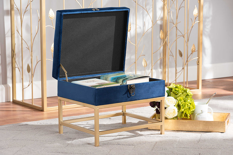 Palma Glam and Luxe Navy Blue Velvet Fabric Upholstered and Gold Finished Metal Small Storage Ottoman