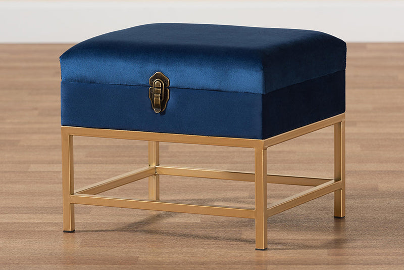 Palma Navy Blue Velvet Fabric Gold Finished Metal Small Storage Ottoman Baxton