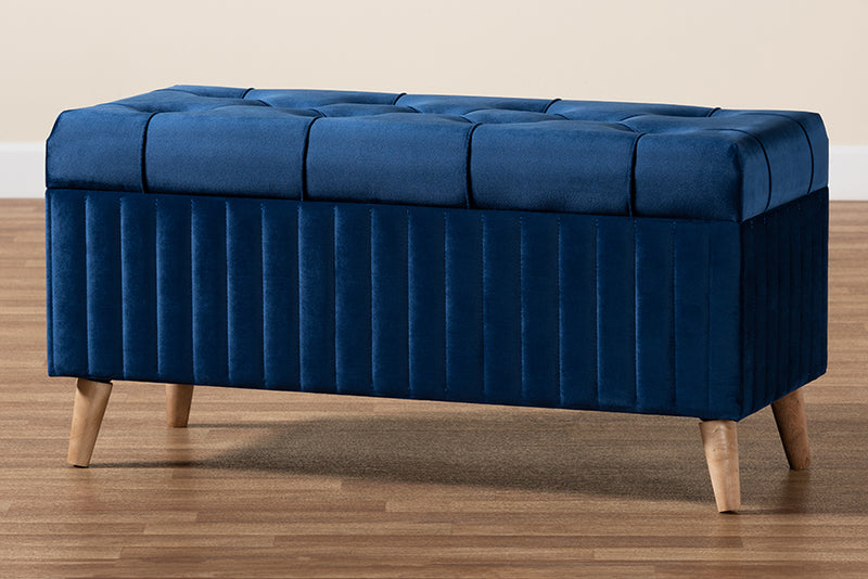 Clairette Modern and Contemporary Navy Blue Velvet Fabric Upholstered and Walnut Brown Finished Wood Storage Ottoman