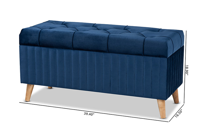 Clairette Modern and Contemporary Navy Blue Velvet Fabric Upholstered and Walnut Brown Finished Wood Storage Ottoman