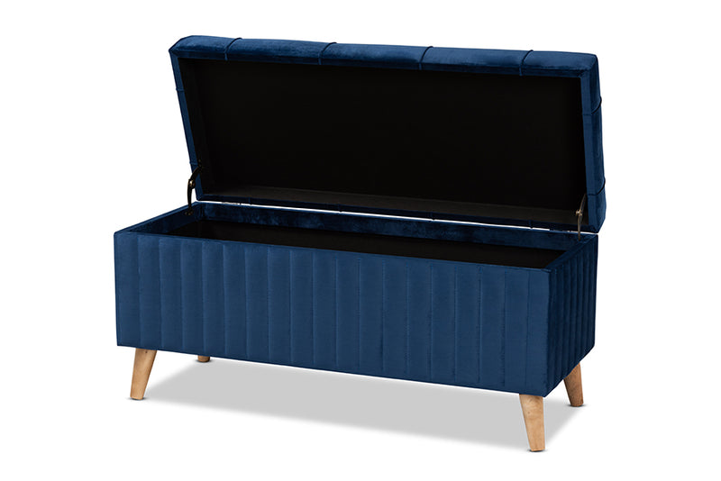 Clairette Modern and Contemporary Navy Blue Velvet Fabric Upholstered and Walnut Brown Finished Wood Storage Ottoman