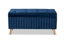 Clairette Navy Blue Velvet Fabric Upholstered and Walnut Brown Storage Ottoman Baxton