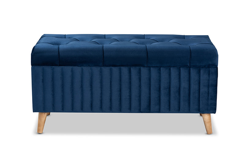 Clairette Modern and Contemporary Navy Blue Velvet Fabric Upholstered and Walnut Brown Finished Wood Storage Ottoman