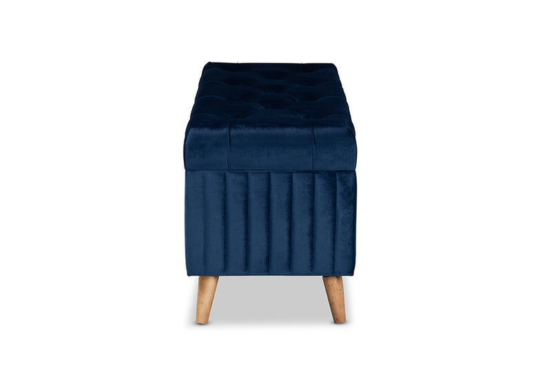 Clairette Modern and Contemporary Navy Blue Velvet Fabric Upholstered and Walnut Brown Finished Wood Storage Ottoman