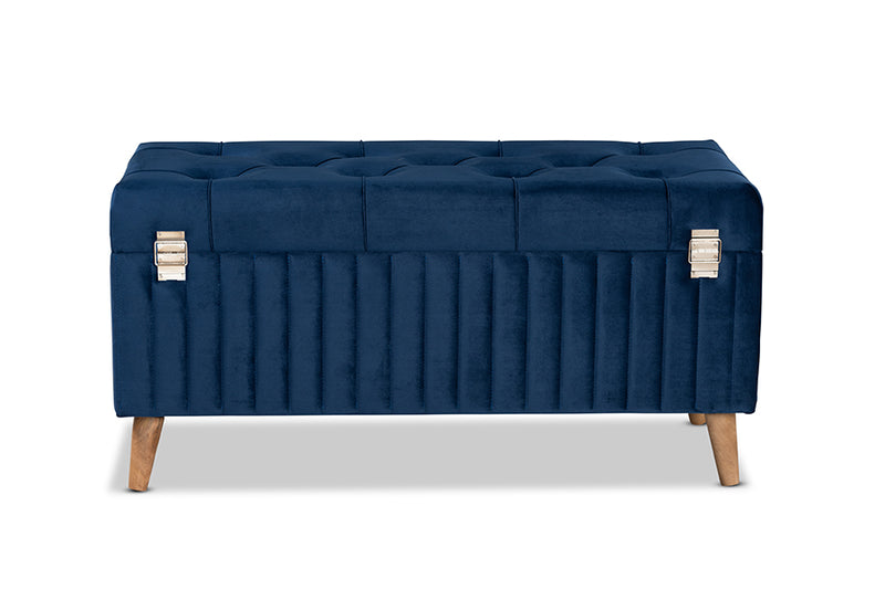 Clairette Modern and Contemporary Navy Blue Velvet Fabric Upholstered and Walnut Brown Finished Wood Storage Ottoman