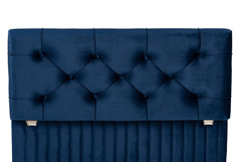 Clairette Navy Blue Velvet Fabric Upholstered and Walnut Brown Storage Ottoman Baxton