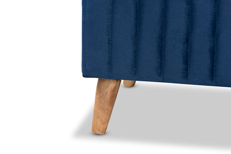 Clairette Navy Blue Velvet Fabric Upholstered and Walnut Brown Storage Ottoman Baxton