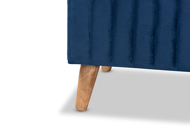 Clairette Modern and Contemporary Navy Blue Velvet Fabric Upholstered and Walnut Brown Finished Wood Storage Ottoman