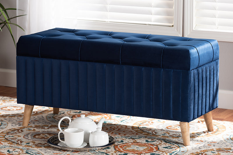 Clairette Modern and Contemporary Navy Blue Velvet Fabric Upholstered and Walnut Brown Finished Wood Storage Ottoman