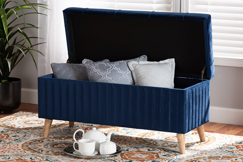 Clairette Modern and Contemporary Navy Blue Velvet Fabric Upholstered and Walnut Brown Finished Wood Storage Ottoman