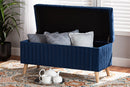 Clairette Navy Blue Velvet Fabric Upholstered and Walnut Brown Storage Ottoman Baxton