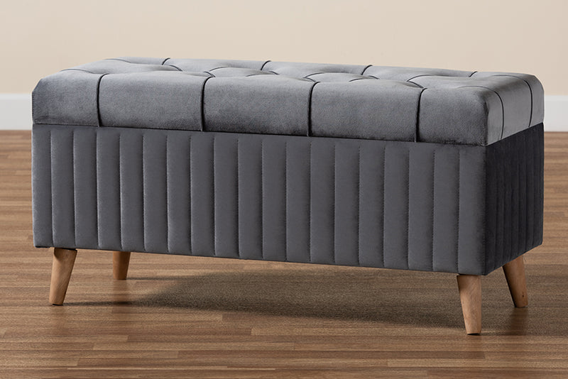 Clairette Modern and Contemporary Gray Velvet Fabric Upholstered and Walnut Brown Finished Wood Storage Ottoman