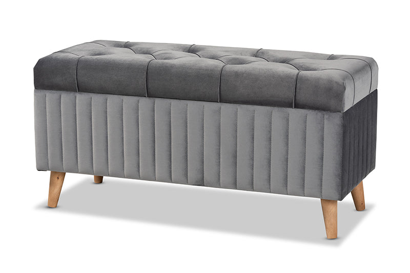 Clairette Modern and Contemporary Gray Velvet Fabric Upholstered and Walnut Brown Finished Wood Storage Ottoman