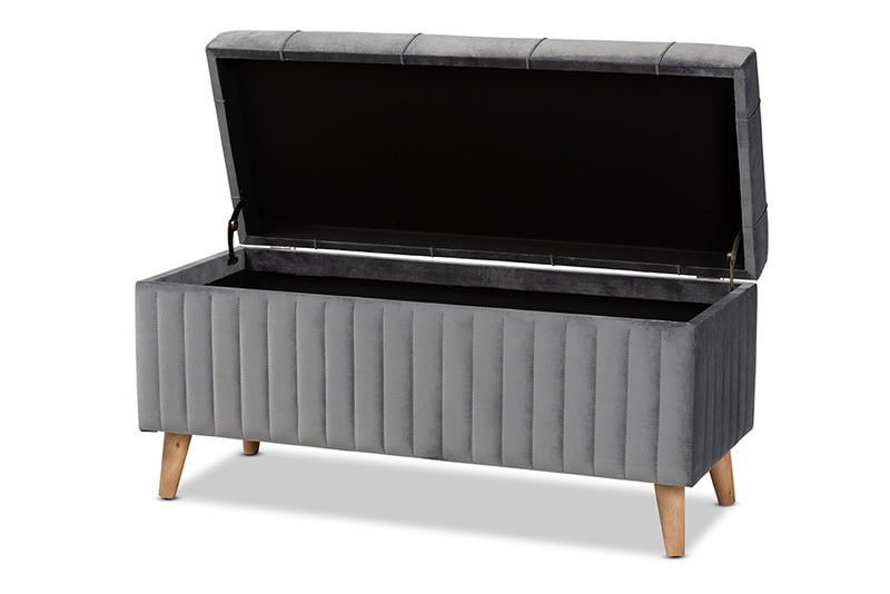 Clairette Modern and Contemporary Gray Velvet Fabric Upholstered and Walnut Brown Finished Wood Storage Ottoman