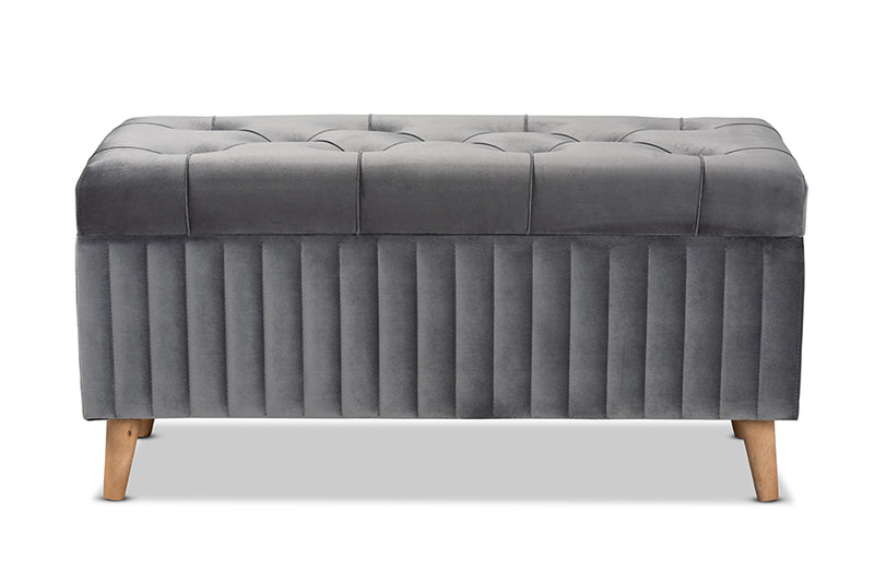 Clairette Modern and Contemporary Gray Velvet Fabric Upholstered and Walnut Brown Finished Wood Storage Ottoman