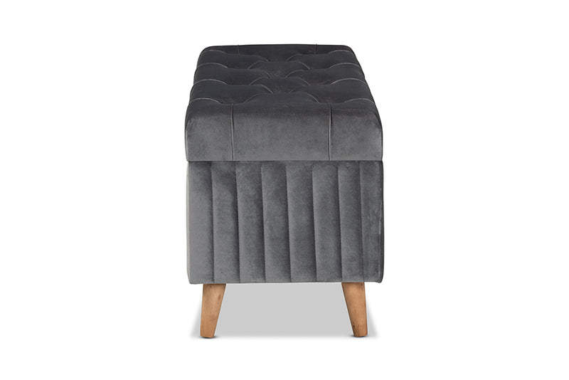 Clairette Modern and Contemporary Gray Velvet Fabric Upholstered and Walnut Brown Finished Wood Storage Ottoman