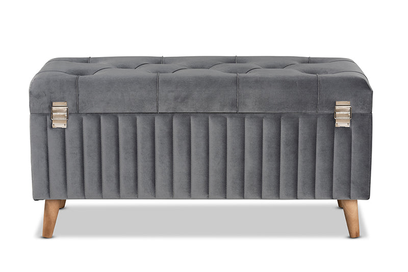 Clairette Modern and Contemporary Gray Velvet Fabric Upholstered and Walnut Brown Finished Wood Storage Ottoman