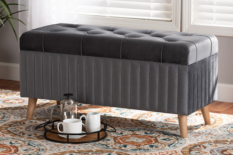 Clairette Modern and Contemporary Gray Velvet Fabric Upholstered and Walnut Brown Finished Wood Storage Ottoman