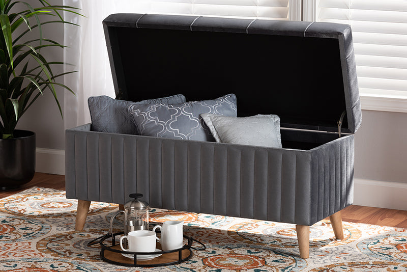 Clairette Modern and Contemporary Gray Velvet Fabric Upholstered and Walnut Brown Finished Wood Storage Ottoman