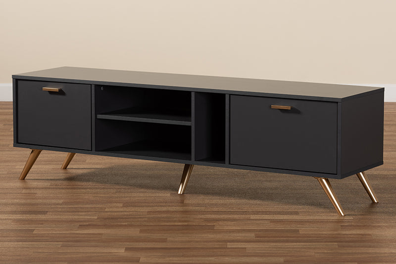 Yori Modern and Contemporary Dark Gray and Gold Finished Wood TV Stand