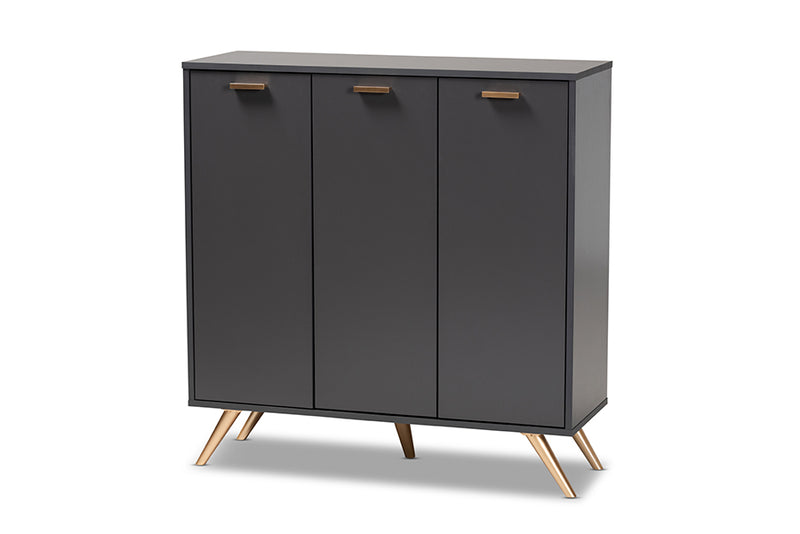 Yori Modern and Contemporary Dark Gray and Gold Finished Wood 3-Door Shoe Cabinet