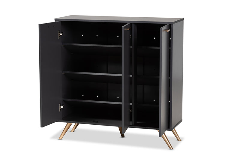 Yori Modern and Contemporary Dark Gray and Gold Finished Wood 3-Door Shoe Cabinet