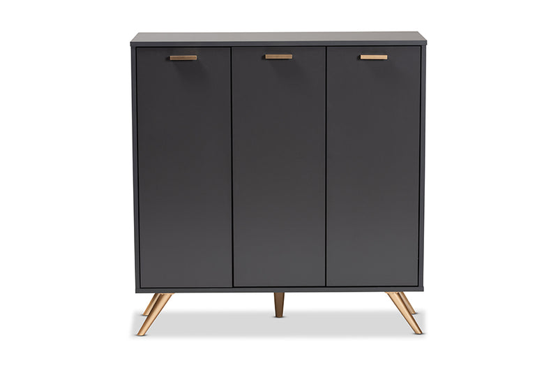 Yori Modern and Contemporary Dark Gray and Gold Finished Wood 3-Door Shoe Cabinet