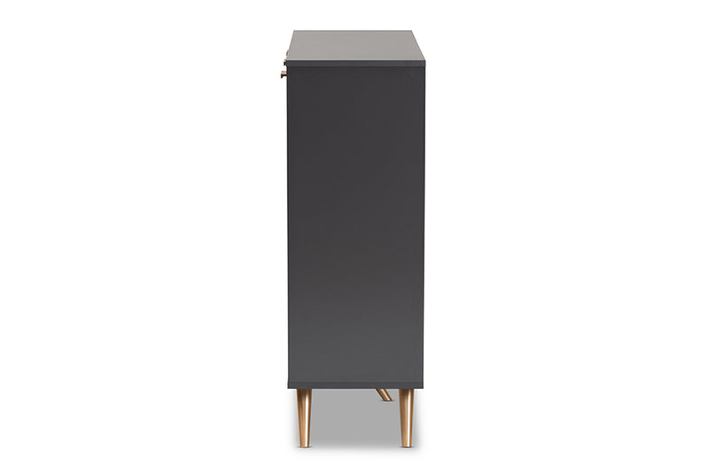 Yori Modern and Contemporary Dark Gray and Gold Finished Wood 3-Door Shoe Cabinet