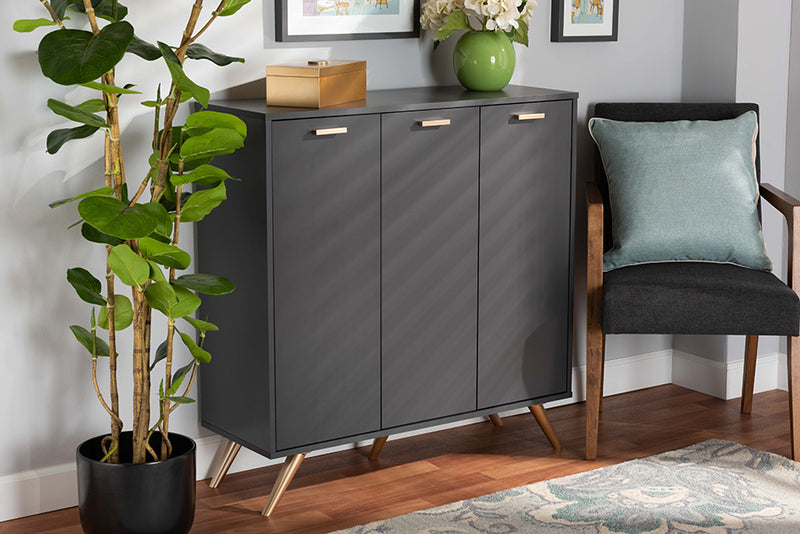 Yori Modern and Contemporary Dark Gray and Gold Finished Wood 3-Door Shoe Cabinet