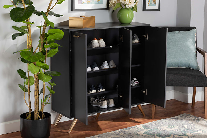 Yori Modern and Contemporary Dark Gray and Gold Finished Wood 3-Door Shoe Cabinet