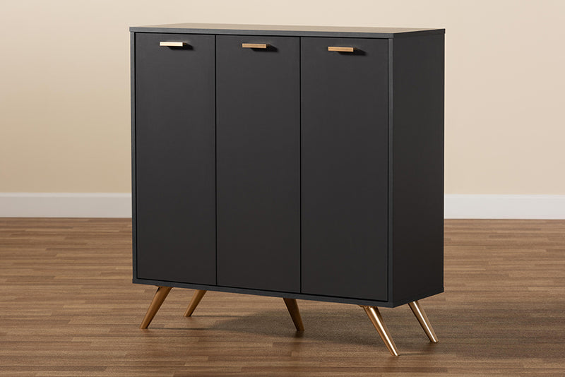 Yori Modern and Contemporary Dark Gray and Gold Finished Wood 3-Door Shoe Cabinet