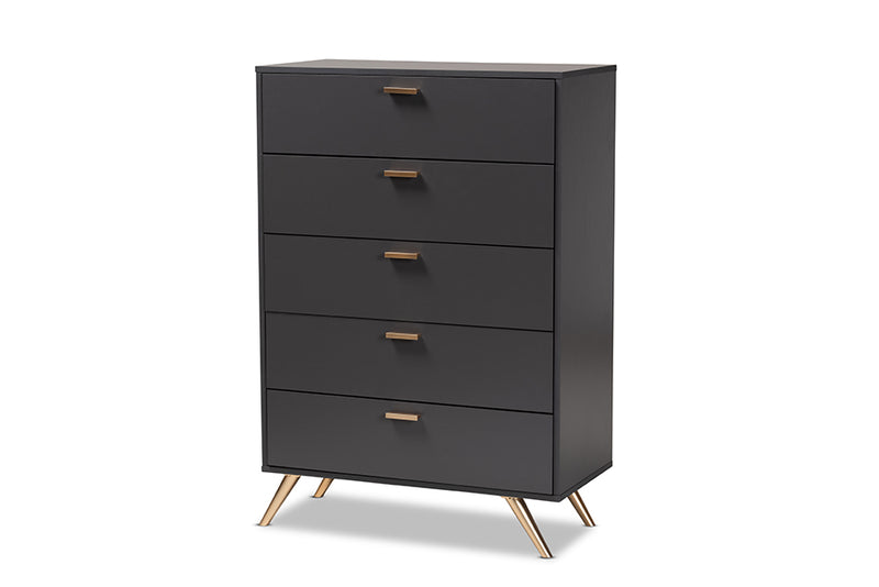 Yori Modern and Contemporary Dark Gray and Gold Finished Wood 5-Drawer Chest