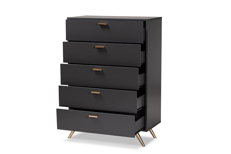 Yori Modern and Contemporary Dark Gray and Gold Finished Wood 5-Drawer Chest