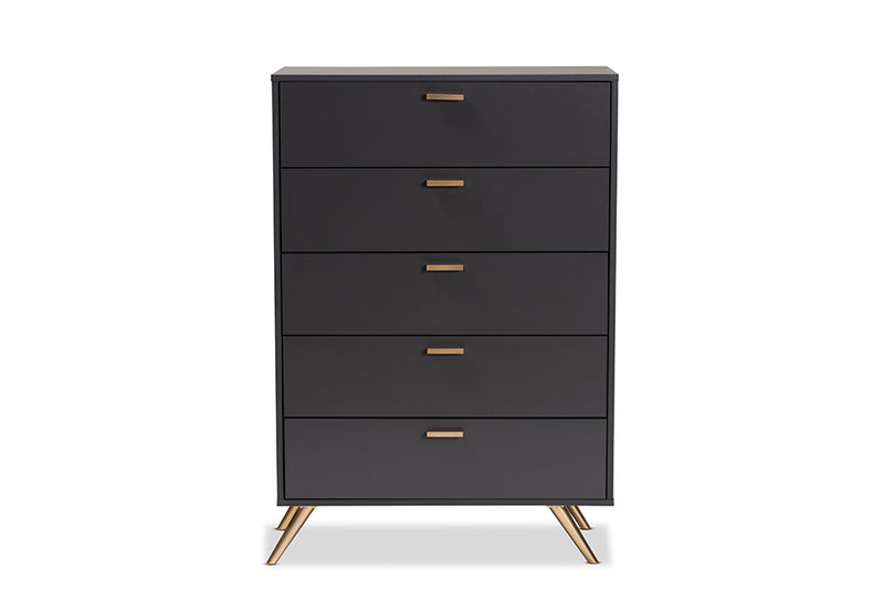 Yori Modern and Contemporary Dark Gray and Gold Finished Wood 5-Drawer Chest