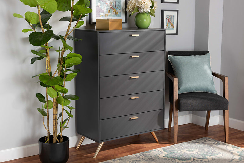 Yori Modern and Contemporary Dark Gray and Gold Finished Wood 5-Drawer Chest