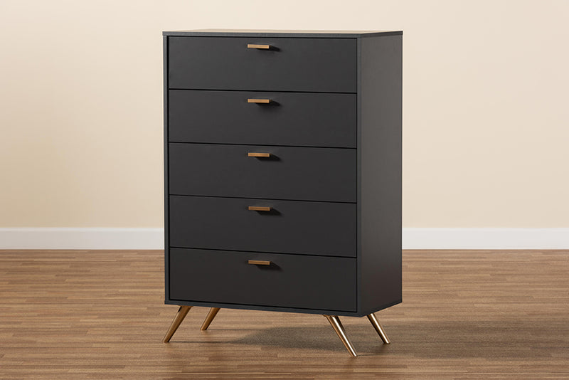 Yori Modern and Contemporary Dark Gray and Gold Finished Wood 5-Drawer Chest