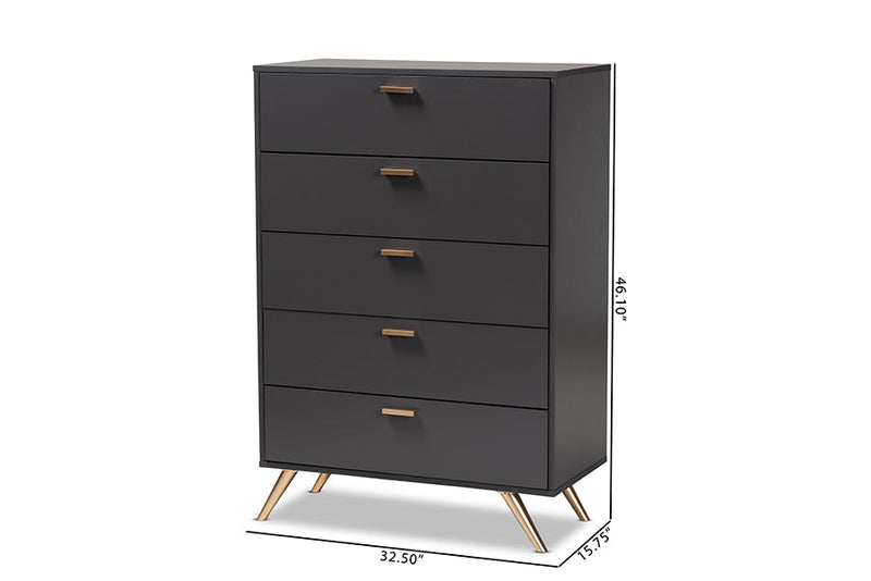 Yori Dark Gray and Gold 5-Drawer Chest Baxton