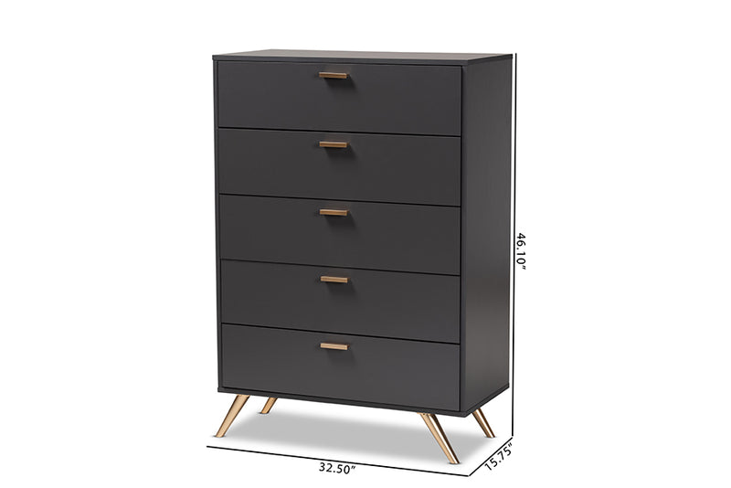 Yori Modern and Contemporary Dark Gray and Gold Finished Wood 5-Drawer Chest