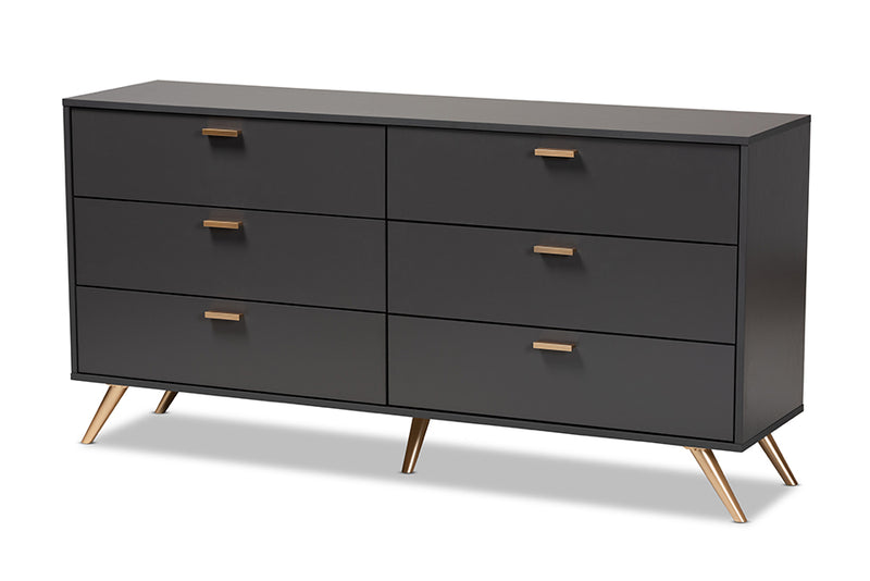 Yori Modern and Contemporary Dark Gray and Gold Finished Wood 6-Drawer Dresser