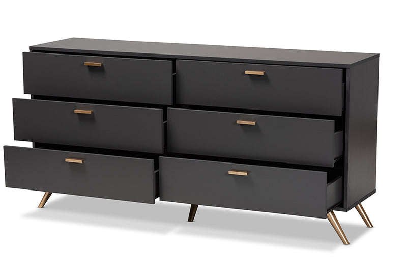 Yori Modern and Contemporary Dark Gray and Gold Finished Wood 6-Drawer Dresser