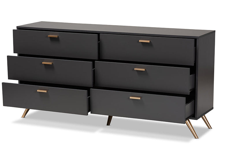 Yori Dark Gray and Gold 6-Drawer Dresser Baxton