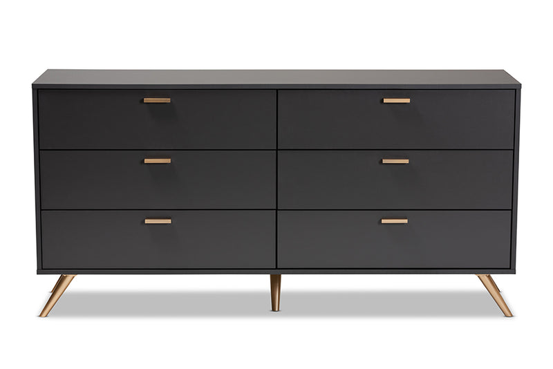 Yori Modern and Contemporary Dark Gray and Gold Finished Wood 6-Drawer Dresser