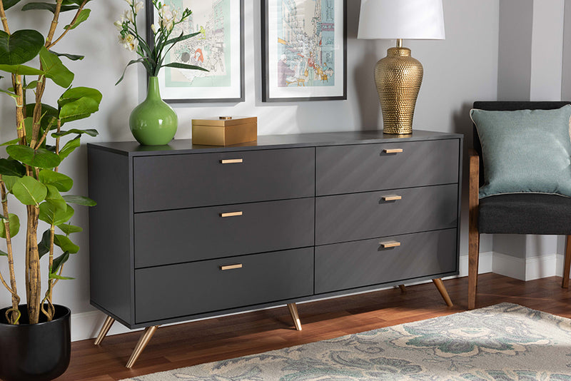 Yori Modern and Contemporary Dark Gray and Gold Finished Wood 6-Drawer Dresser