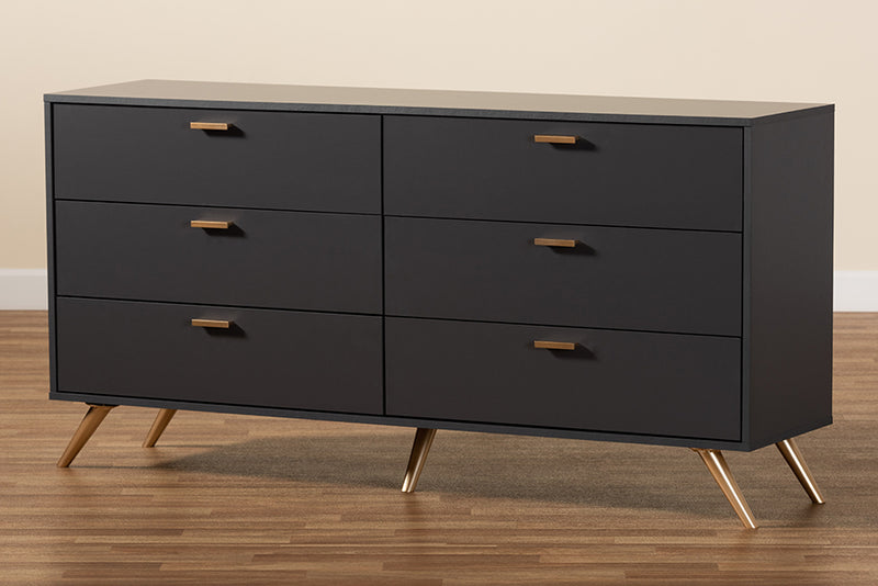 Yori Modern and Contemporary Dark Gray and Gold Finished Wood 6-Drawer Dresser