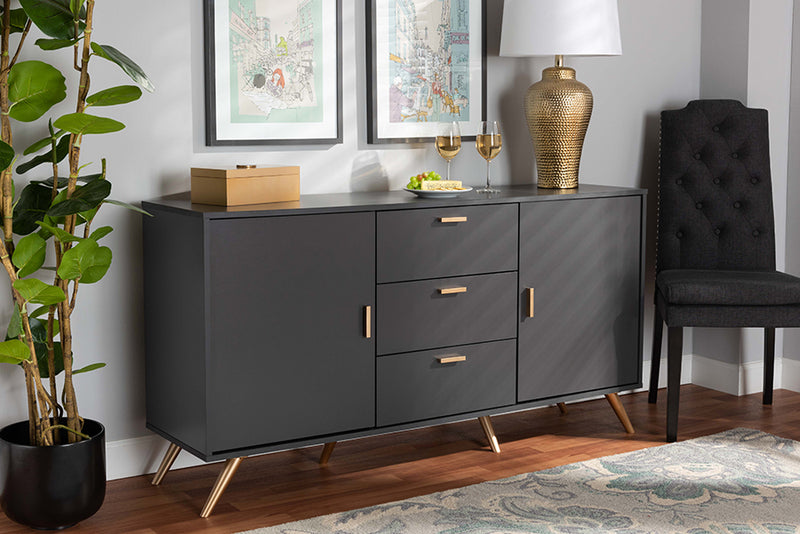 Yori Modern and Contemporary Dark Gray and Gold Finished Wood 2-Door Sideboard Buffet